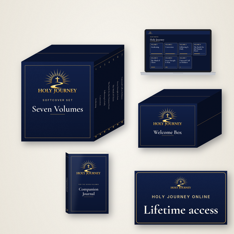 Holy Journey Complete Plus softcover: set, journal, Welcome Box, and lifetime access, gold logo on navy