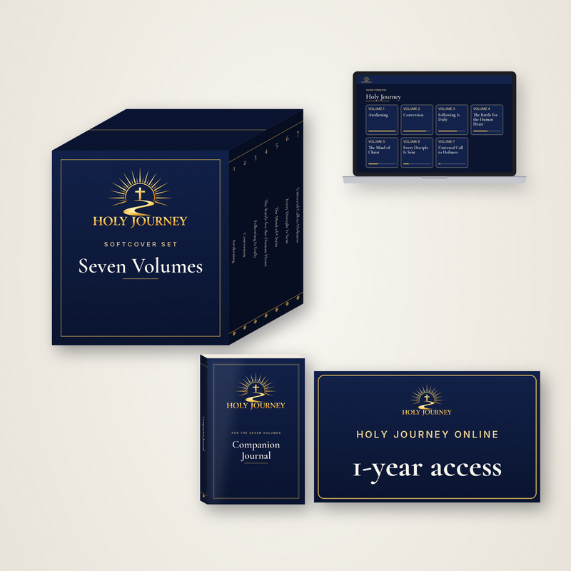 Holy Journey Complete softcover: set, journal, and one year access, gold logo on navy