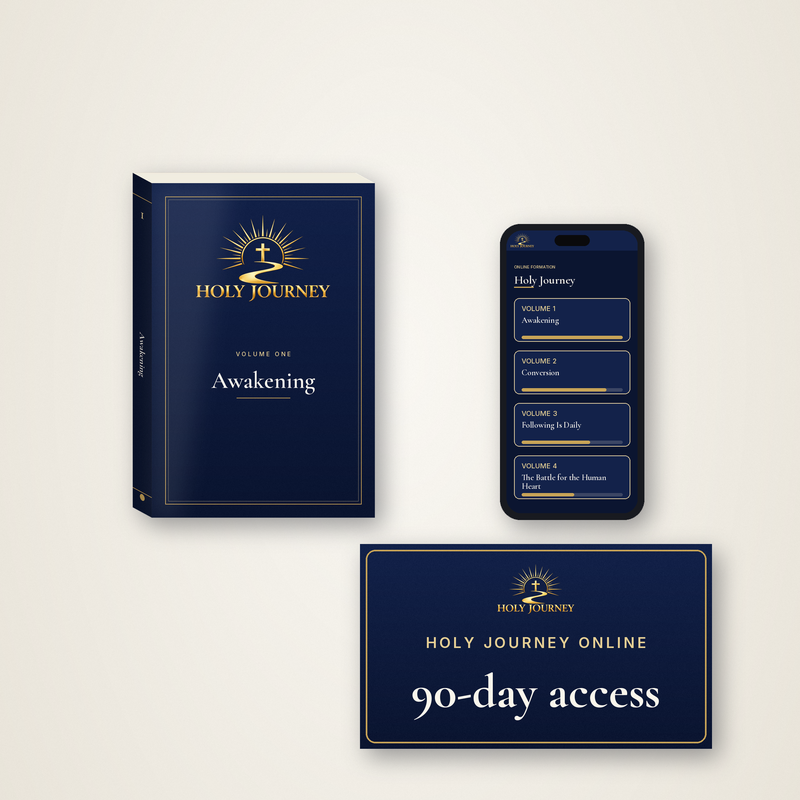 Holy Journey Starter: Volume 1 softcover with 90 days access, gold logo on navy