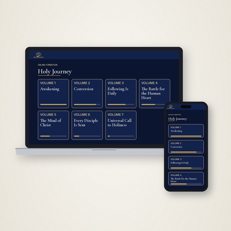 Holy Journey online membership on a device, gold logo on navy